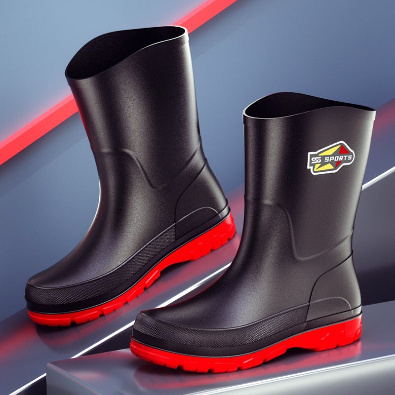 Medium And Short Tube 25 High Rain Boots Black And Red Men'S Rain Boots Environmentally Friendly Large Size 39-48 Wading Rubber Shoes Non-Slip Fishing Boots - Image 2